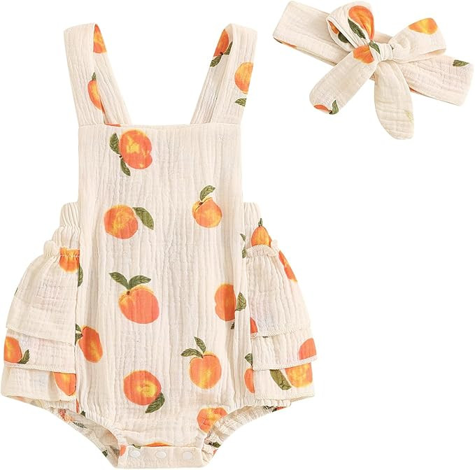 Baby Girl Peach Clothes Cotton Linen Fruit Overalls Romper Sleeveless Side Tiered Ruffled Jumpsui... | Amazon (US)