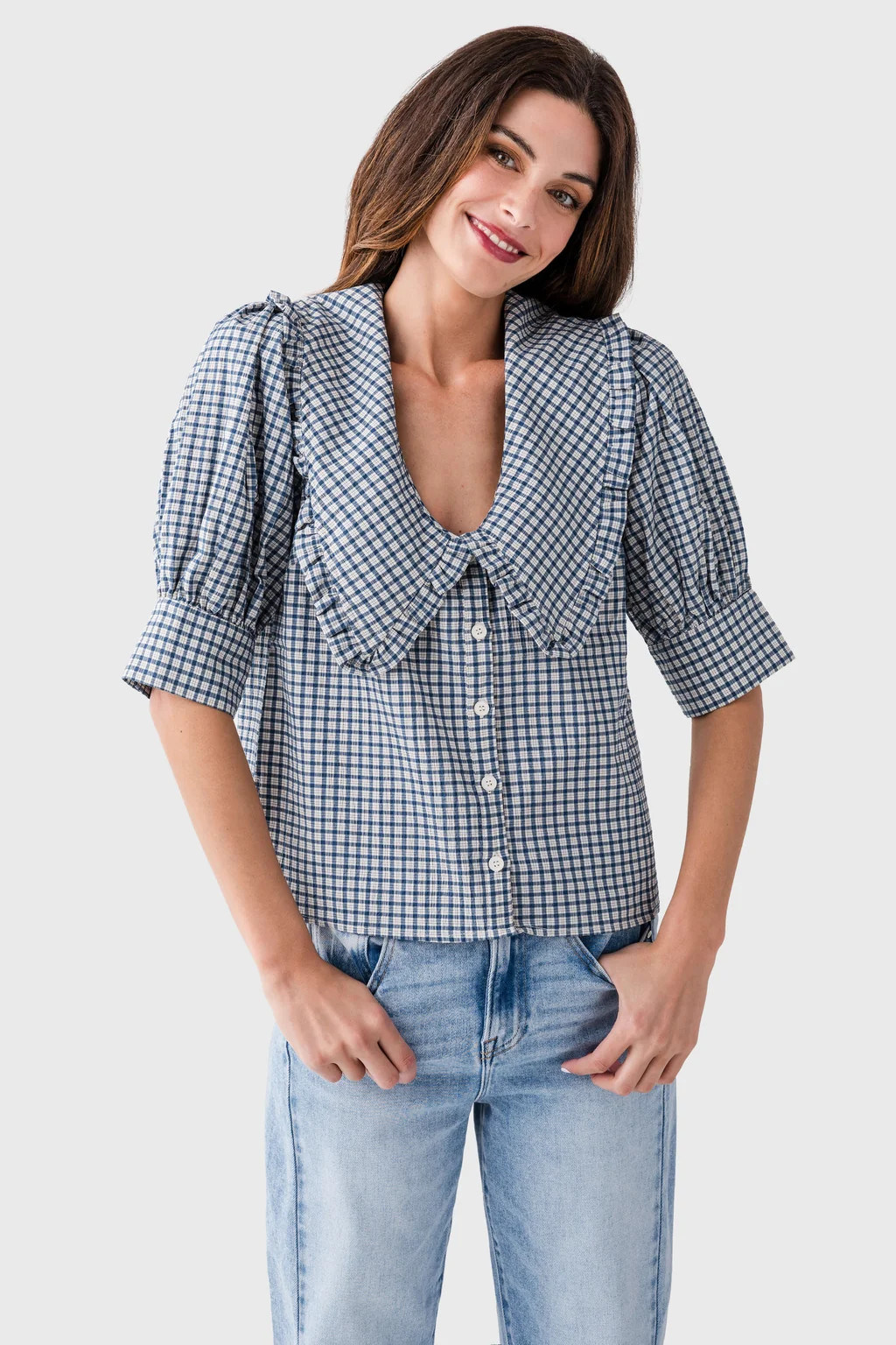 Mimosa Plaid Pointed Collar Top | Social Threads