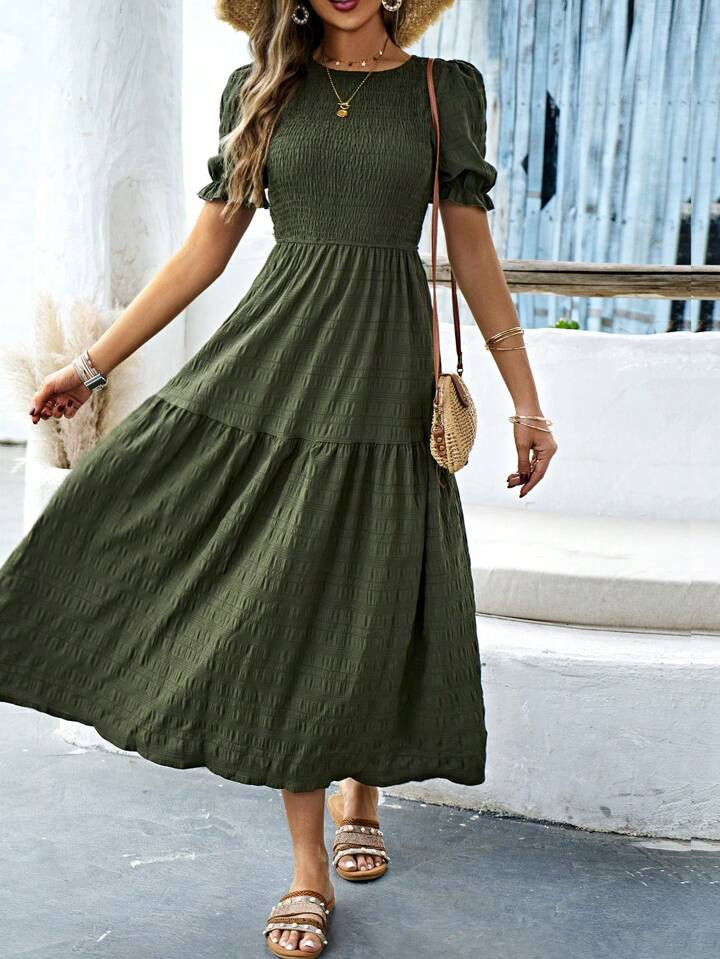 SHEIN LUNE Puff Sleeve Shirred Ruffle Hem Dress Maxi Women Outfit | SHEIN