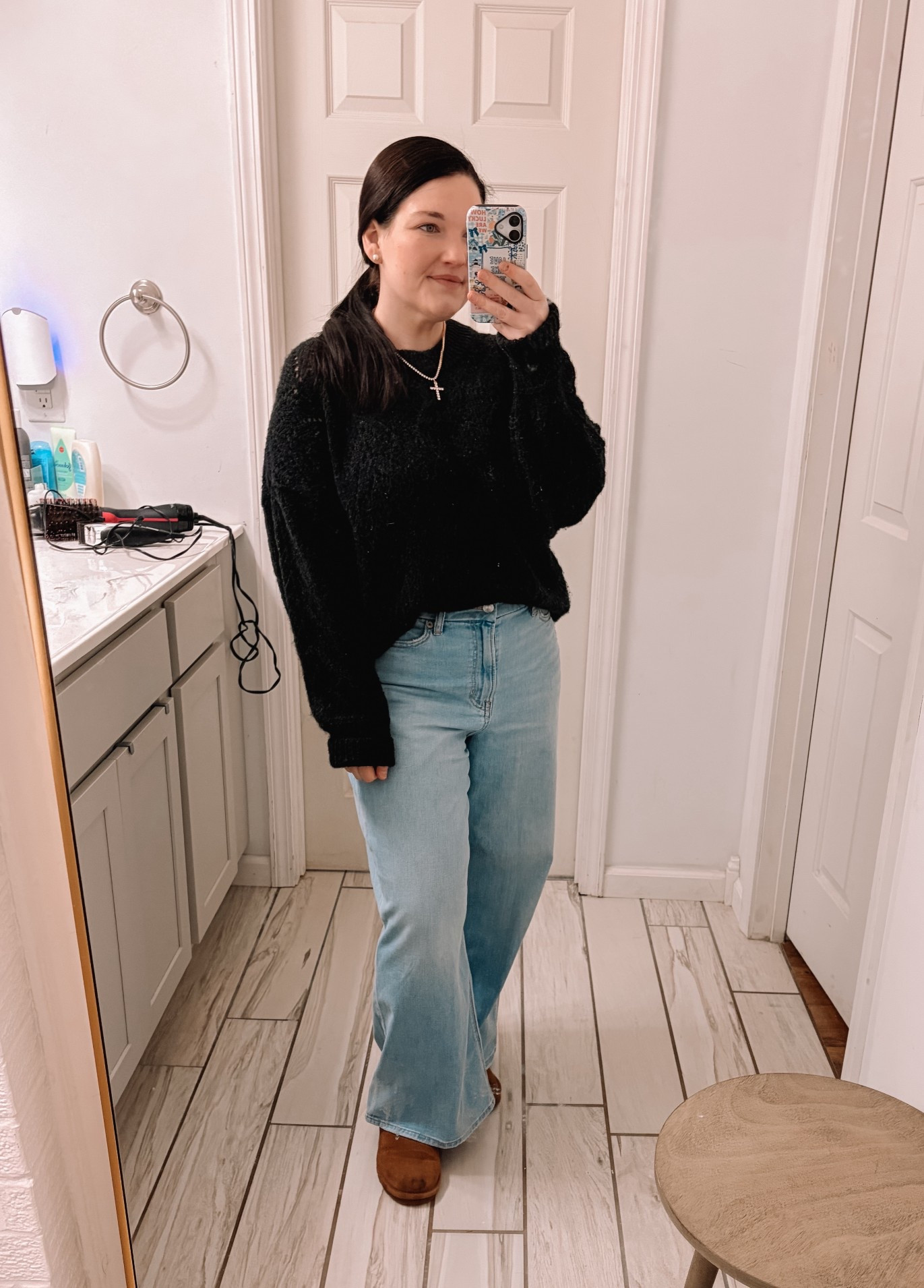Church outfit / winter outfit / baggy trend / mom outfit / cross necklace / baggy jeans / curves jeans / Uggs / American Eagle / AE  / target / cozy outfit 

#LTKootd #LTKMidsize #LTKmomlife