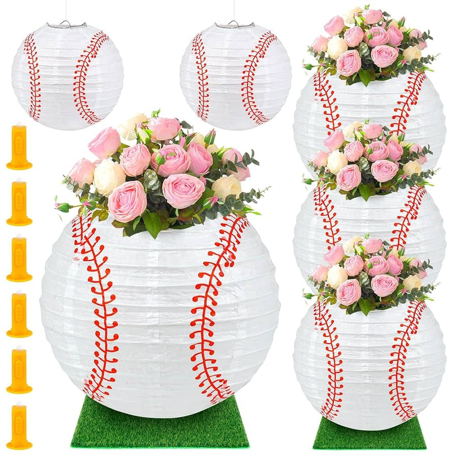 6 Sets Baseball Centerpieces for Tables Paper Lantern with 6 Pcs LED lights 6 Pcs Grass Squares 6... | Amazon (US)