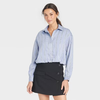 Women's Long Sleeve Bubble Hem Shirt - A New Day™ Blue/White Striped | Target