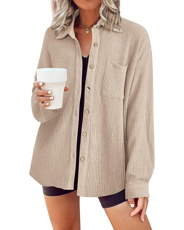 HOTOUCH Waffle Button Down Shirt Women Casual Knit Tops Long Sleeve Loose Fit Shacket with Pocket | Amazon (US)