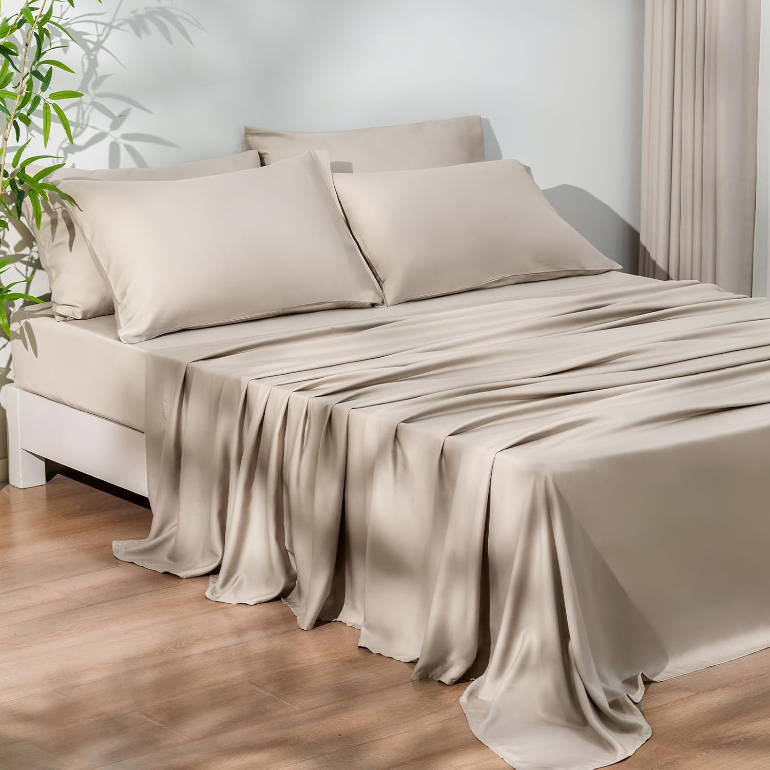 PHF 6PCS 100% Rayon Derived from Bamboo_ Sheets Set Queen Size,Cooling Sheets for Hot Sleepers,Wider Elastic Band & 16" Deep Pocket,Luxury Silky Soft Breathable Bedding Set & Pillowcase, Light Taupe | Amazon (US)