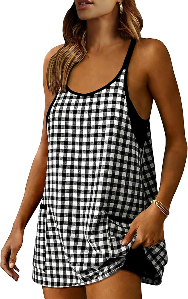 AMEBELLE Women's Gingham Summer Athletic Mini Dress Sleeveless V Neck Built-in Shorts Pockets Ten... | Amazon (US)