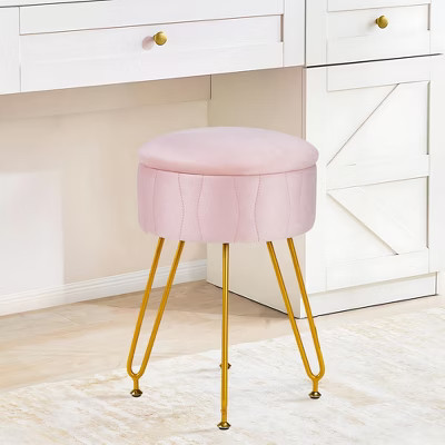VECELO Vanity Stool with Storage, Strong Metal Legs Velvet Chair,  Anti-Slip Feet Padded Seat for Make Up, Pink | Target