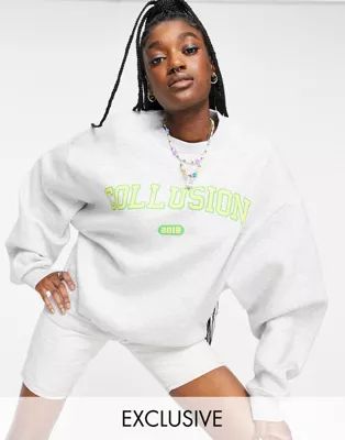 COLLUSION Unisex oversized sweatshirt with varsity logo print in grey marl | ASOS (Global)