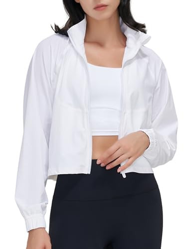 UANEO Womens Athletic Cropped Jacket Zip Up Long Sleeve Workout Tops Gym Yoga Running Sports Shirts Jackets(White-S) | Amazon (US)