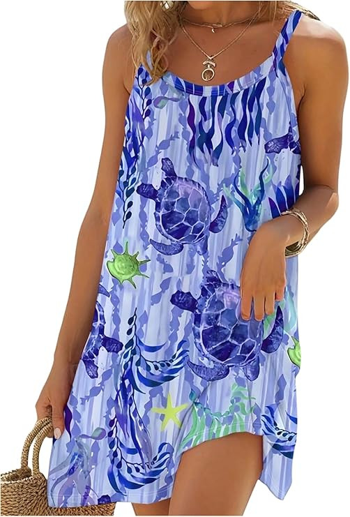 SHENHE Women's Summer Spaghetti Strap Flowy Short Sundress Ocean Travel Beach Vacation Dress | Amazon (US)