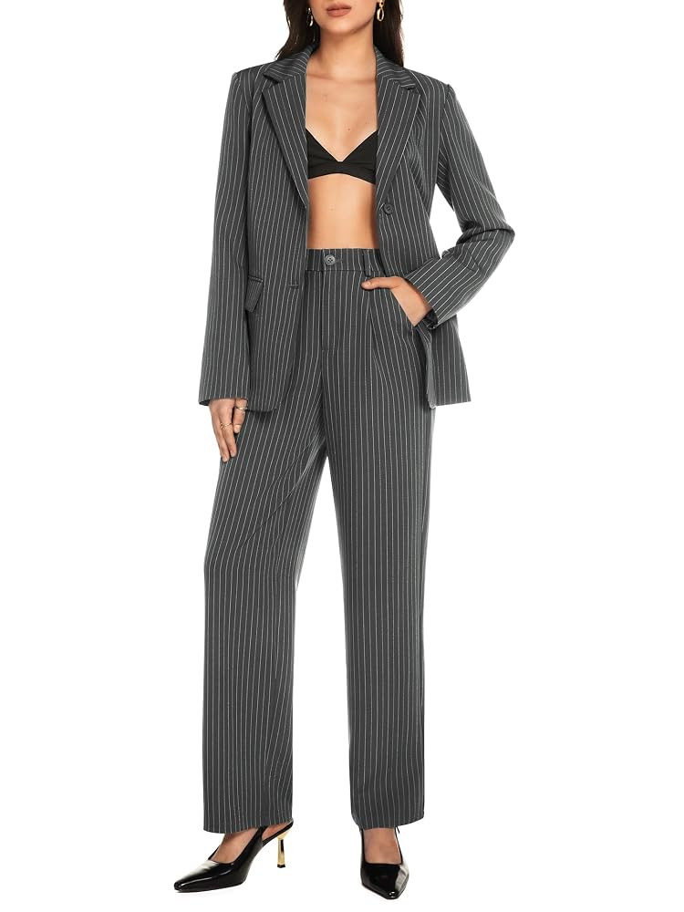 Women's 2 Piece Pant Suit Business Casual Outfits Striped Notched Collar Blazer Wide Leg Pants Se... | Amazon (US)