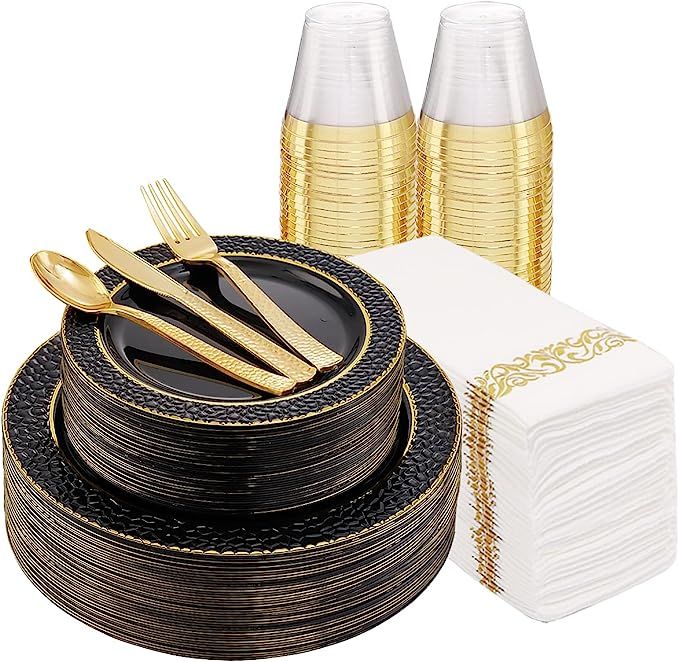 FLOWERCAT 175PCS Black Plastic Plates with Gold Rim&Black and Gold Plastic Plates&Gold Plastic Si... | Amazon (US)