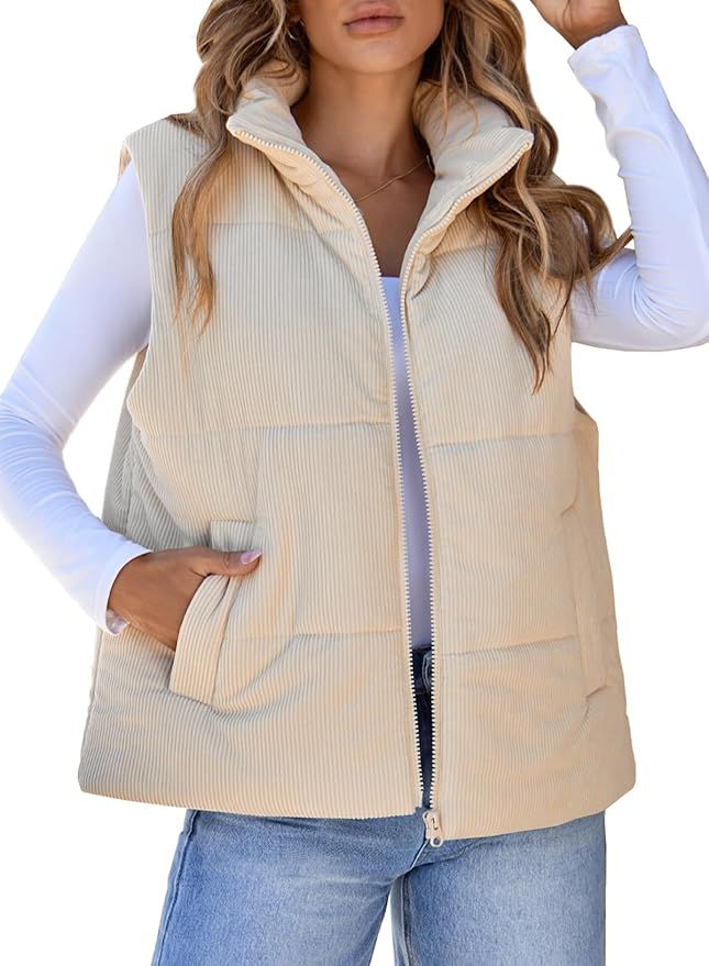 EVALESS Corduroy Cropped Puffer Vest for Women Lightweight Stand Collar Sleeveless Jackets Zip Up... | Amazon (US)