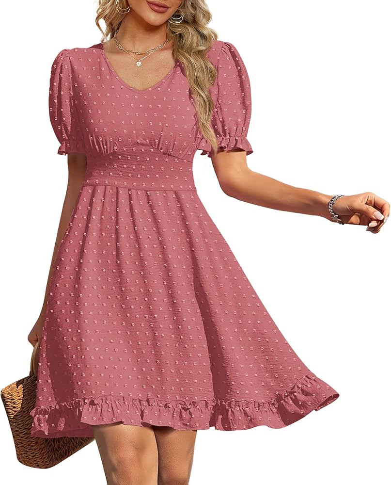 OFEEFAN Women Summer Dresses V Neck Short Sleeve Swiss Dot Mini Dress with Pockets | Amazon (US)