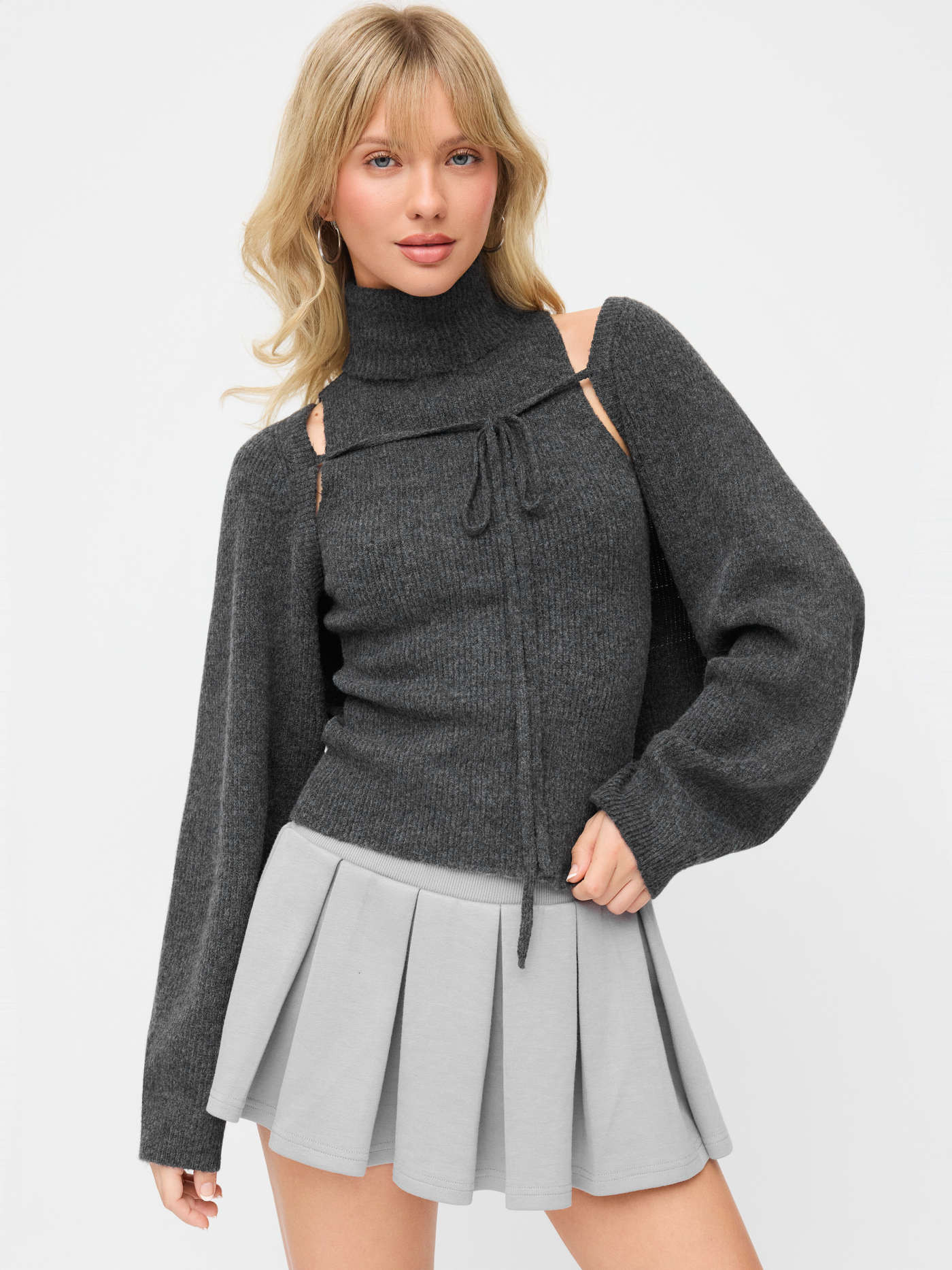 Two-piece Knit Knotted Puff Sleeve Shrug & High Neck Solid Tank Top | Cider