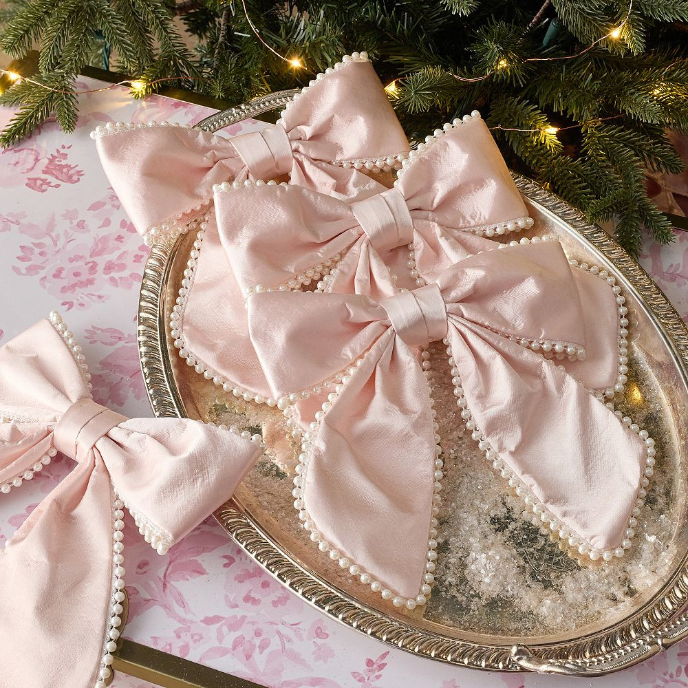 LoveShackFancy Satin Bow Ornaments with Pearl Trim, Set of 4 | Pottery Barn Teen