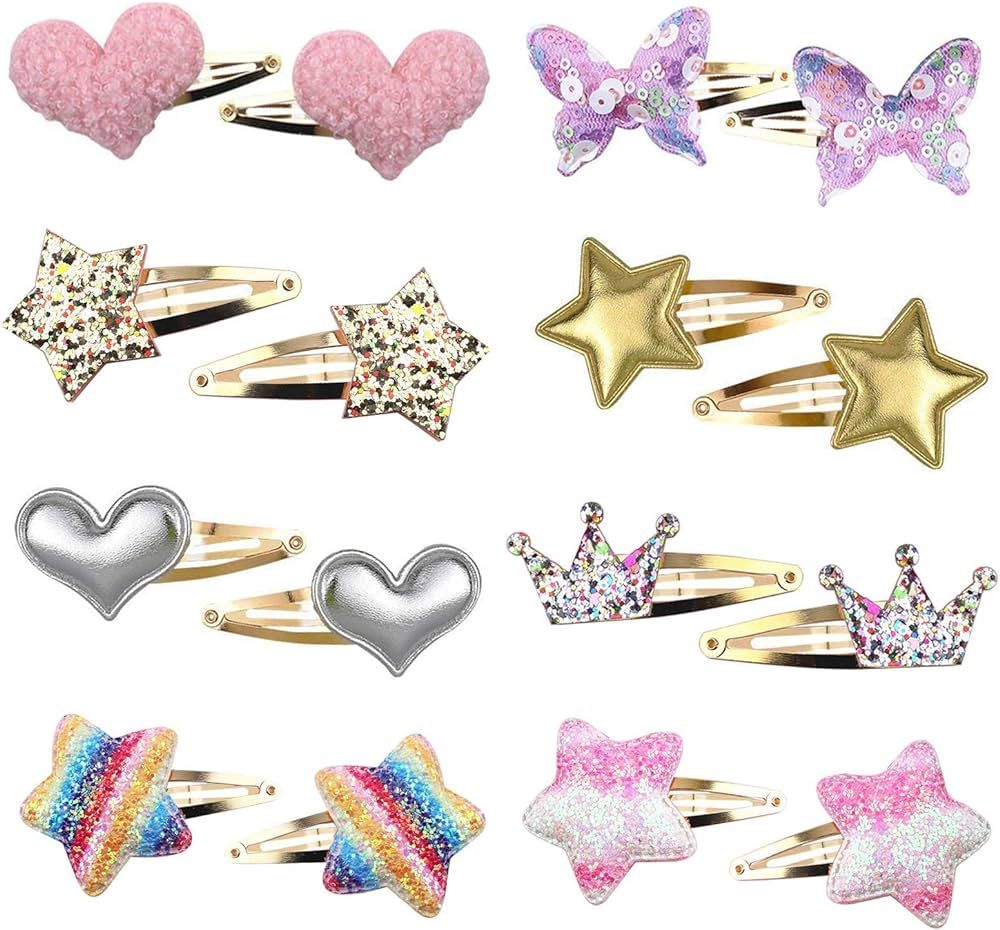 Hair Clips for Girls - 8 Pairs of Star, Crown, Heart, Butterfly Shaped Barrettes and Pins - Metal... | Amazon (US)