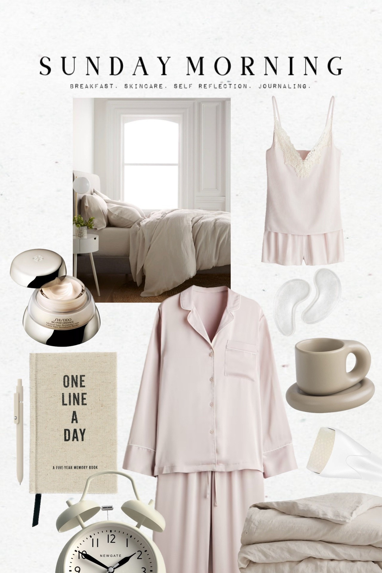 Sunday Morning Self-care  🧖🏻‍♀️🤍

#selfcare #beauty #pajamas #journal #blanket Nordstrom Amazon ice roller eye patch moisturizer clock 



#LTKootd #LTKselfcare #LTKmorningroutine
