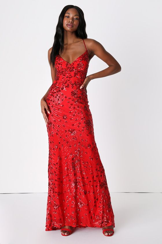 Photo Finish Red Sequin Lace-Up Maxi Dress | Lulus (US)