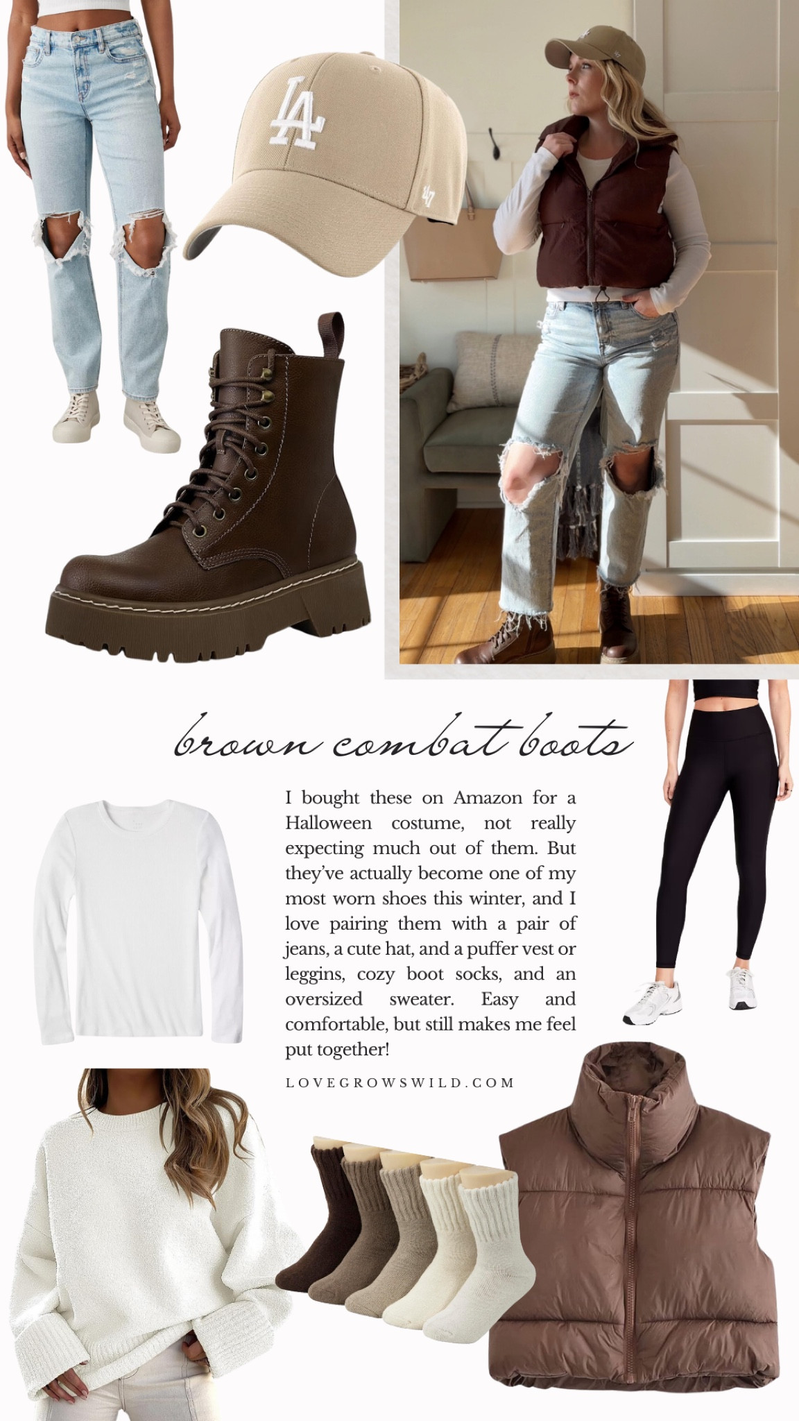 BROWN combat boots are my favorite right now 🤎 I styled them two different ways:

One with a pair of jeans, the cutest cropped puffer vest, and a ball cap — perfect for days when I have errands to run

And one with leggings + a big sweater + cozy boot socks — for days when I want to feel comfy, but still put together

I’m 5’2” 132lbs — wearing a medium in the puffer vest and a medium petite in the leggings


#LTKFindsUnder50 #LTKMidsize #LTKStyleTip