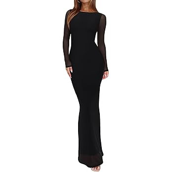REORIA Women's Fall Mesh Sheer Long Sleeve Wedding Guest Dress Sexy Floral Bodycon Maxi Long Dres... | Amazon (US)