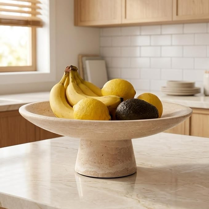 Travertine Fruit Bowl for Kitchen Counter, 10.2" Large Decorative Pedestal Stone Bowl, Natural Ma... | Amazon (US)