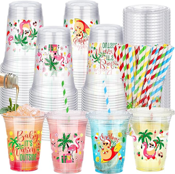 60 Pieces 16 oz Summer Christmas Plastic Cups with Lids & Straws Disposable Summer Christmas Cups... | Amazon (US)