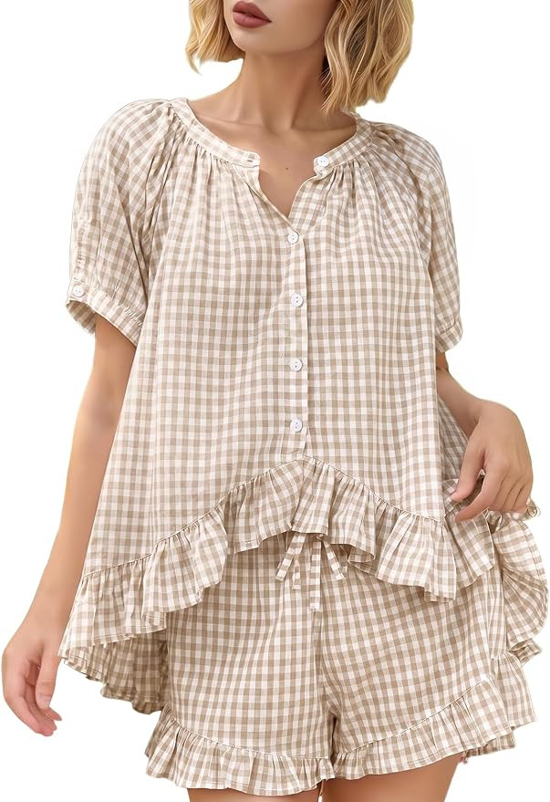 Yimoon Womens Gingham Pajamas Set Plaid Cotton Pj Set Puff Sleeve Ruffle Babydoll Shirt Shorts Su... | Amazon (US)