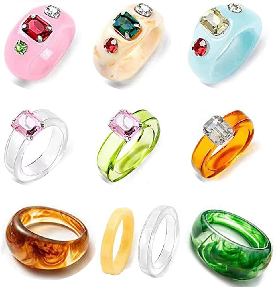Frodete 10Pcs Retro Resin chunky Rings for Women Vintage Acrylic Plastic Diamond Rings Colorful I... | Amazon (US)