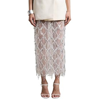 Pinclodly Sequin Skirt for Women Elastic High Waist See Through Maxi Skirt Side Slit Sparkly Frin... | Amazon (US)