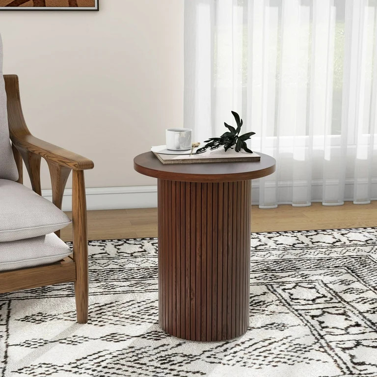 Round Solid Wood End Table Brown Pedestal Side Table Living Room Furniture Accent End Table with ... | Walmart (US)