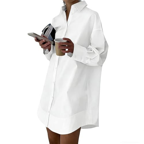 COCCKO Womens Casual Button Down Shirt Dress Long Sleeve Collared V Neck Mini Dress Cotton Button Up High Low Summer Dress White | Amazon (US)