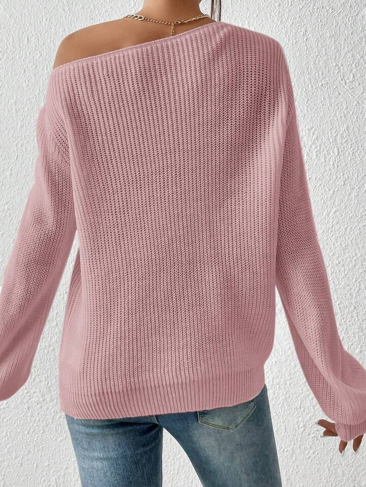 SHEIN Essnce Solid Ribbed Knit Asymmetrical Neck Bishop Sleeve Sweater | SHEIN