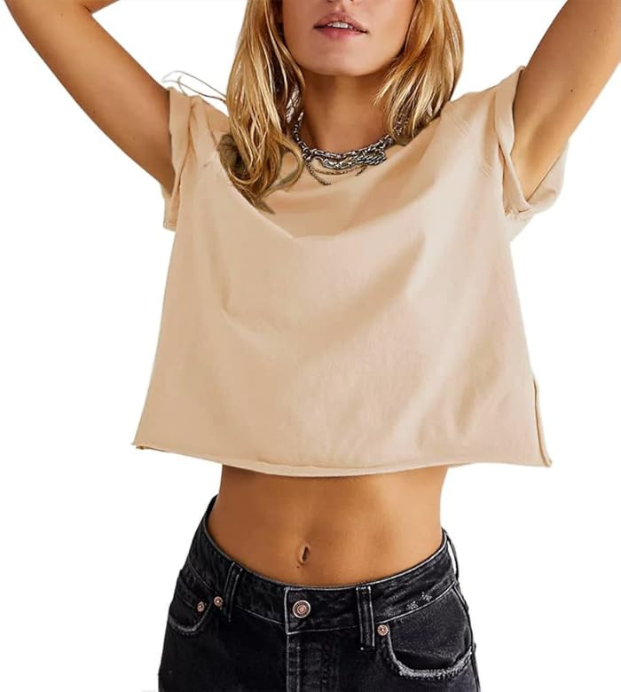 Carpetcom Women's Summer Casual Loose Fit Plain Soild Basic Short Sleeve Crop Tops T-Shirts | Amazon (US)
