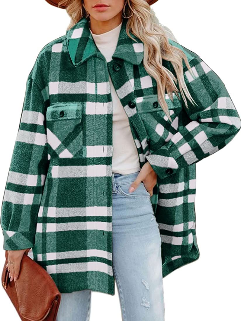 CHYRII Women's Casual Flannel Plaid Shacket Button Down Long Sleeve Shirt Jacket Coats with Pockets | Amazon (US)
