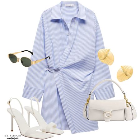 Blue striped crossover shirt dress, gold earrings, Ray ban sunglasses, white coach handbag white sandals.
Spring outfit, dress, high street. #stripedress #dresses

#LTKstyletip #LTKshoecrush #LTKSeasonal