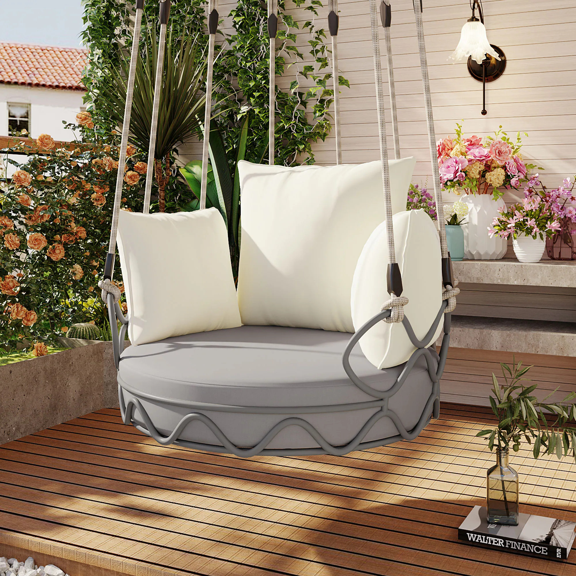 AAZJ Patio Swing Chair Beige Iron Frame Hanging Chaise Lounge Chair with Beige Cushioned Seat | BYO-18147 | Lowe's