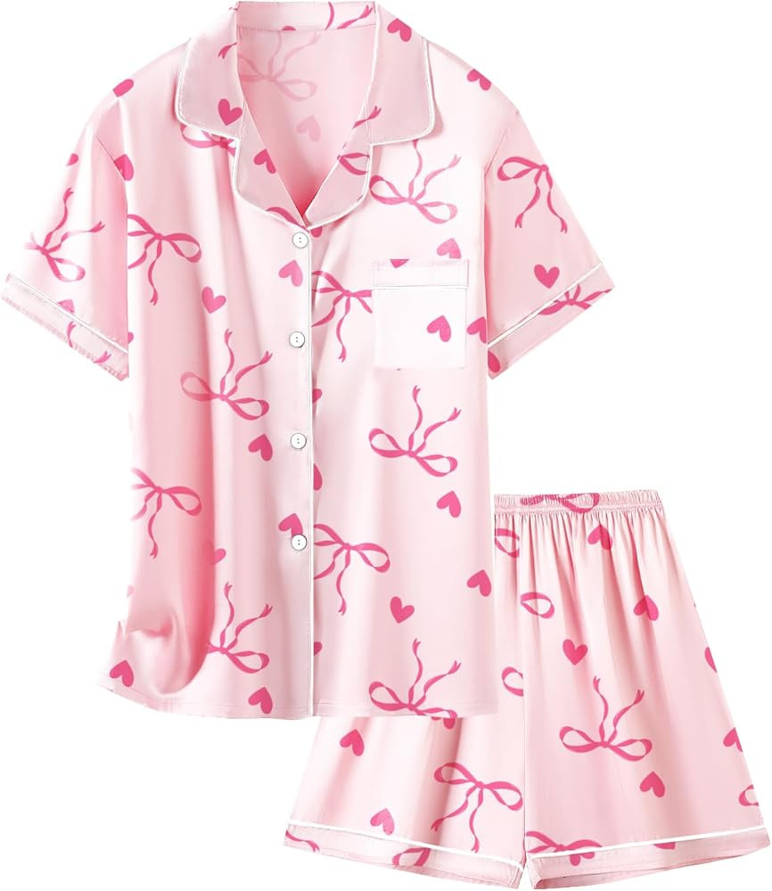 Schbbbta Girls Womens Pajamas, Satin Silky Pjs Set Kids 2Pcs Button-Down Nightwear Sleepwear Gift... | Amazon (US)