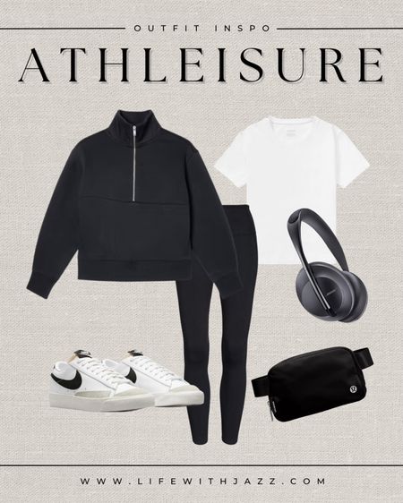 Comfy athleisure outfit 🖤 

Half zip up sweatshirt / white tee / leggings / Nike shoes / sneakers / Bose headphones / belt bag / Lululemon / Athleta

#LTKfitness #LTKtravel