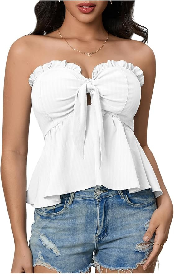 SOLY HUX Women's Frill Trim Tie Front Tube Top Sleeveless Strapless Ruffle Summer Tops | Amazon (US)