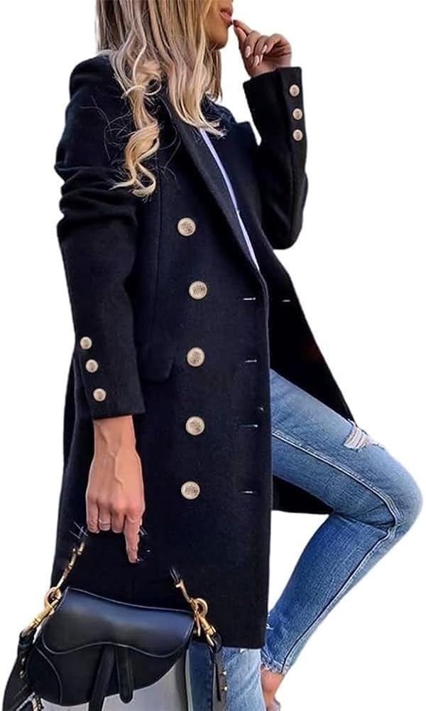 IDEALSANXUN Womens Fall Winter Wool Coats Double Breasted Midi Peacoat Trench Coats | Amazon (US)