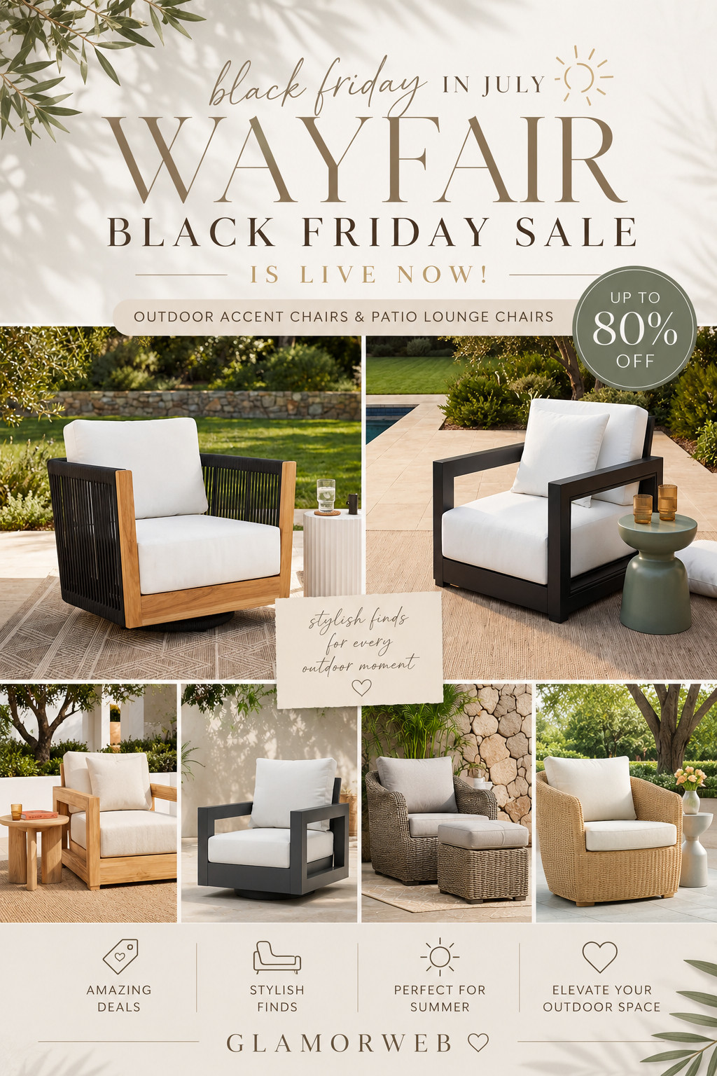 If your dream is a cute, cozy outdoor setup… this is your moment 🤍 Wayfair’s Black Friday in July sale is live and the patio lounge chairs are calling my name. The accent chairs are equally stunning—simple, stylish, and super comfy. It’s the kind of upgrade that makes you actually want to spend more time outside.

#WayfairDeals #BlackFridayJuly #OutdoorFurniture #PatioLounge #AccentChair #LTKFinds #LTKHome #OutdoorInspo #BackyardDecor #BalconyStyle #SummerDecor #NeutralAesthetic #ModernHome #CozySpaces #SaleAlert #Glamorweb 

 #LTKSeasonal #LTKHome #LTKSaleAlert