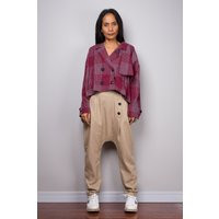 Burgundy Plaid Cotton Oversized Blouse Tunic Jacket, Cropped Tartan Lightweight Urban Street Hipster Jacket | Etsy (US)