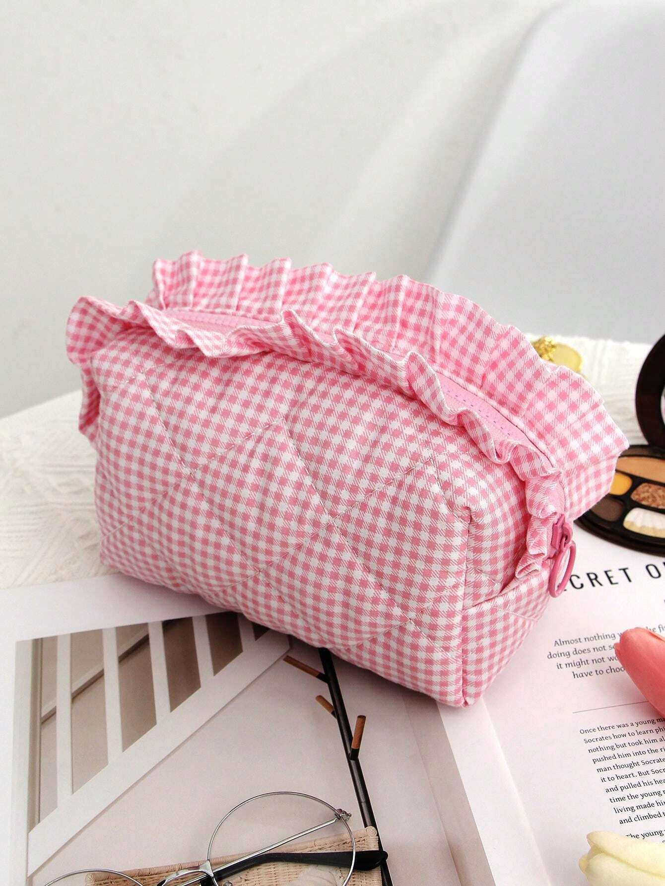 Octagonal Plaid Cosmetic Bag Makeup Bag Make Up Organizer For Makeup Tools Toiletry Bag Bow Knot ... | SHEIN