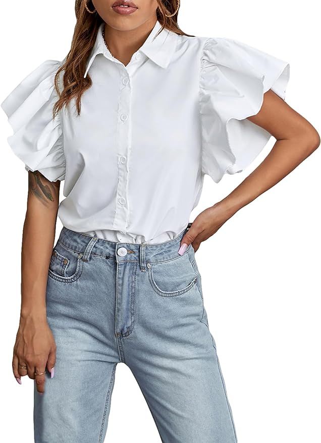 Floerns Women's Casual Button Front Solid Ruffle Cap Sleeve Collared Blouse Top | Amazon (US)