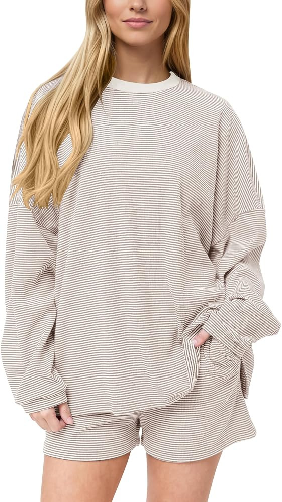 MISSACTIVER Women's Striped Lounge Set Long Sleeve Tee Shirts Drawstring Wide Leg Shorts Matching... | Amazon (US)