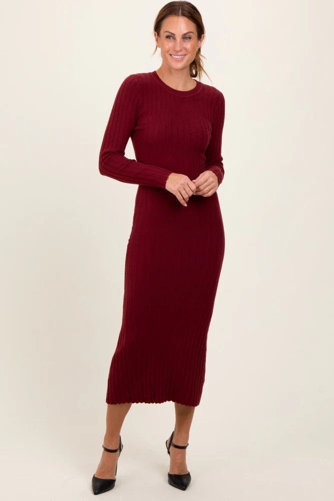 Burgundy Ribbed Knit Fitted Midi Sweater Dress | PinkBlush Maternity