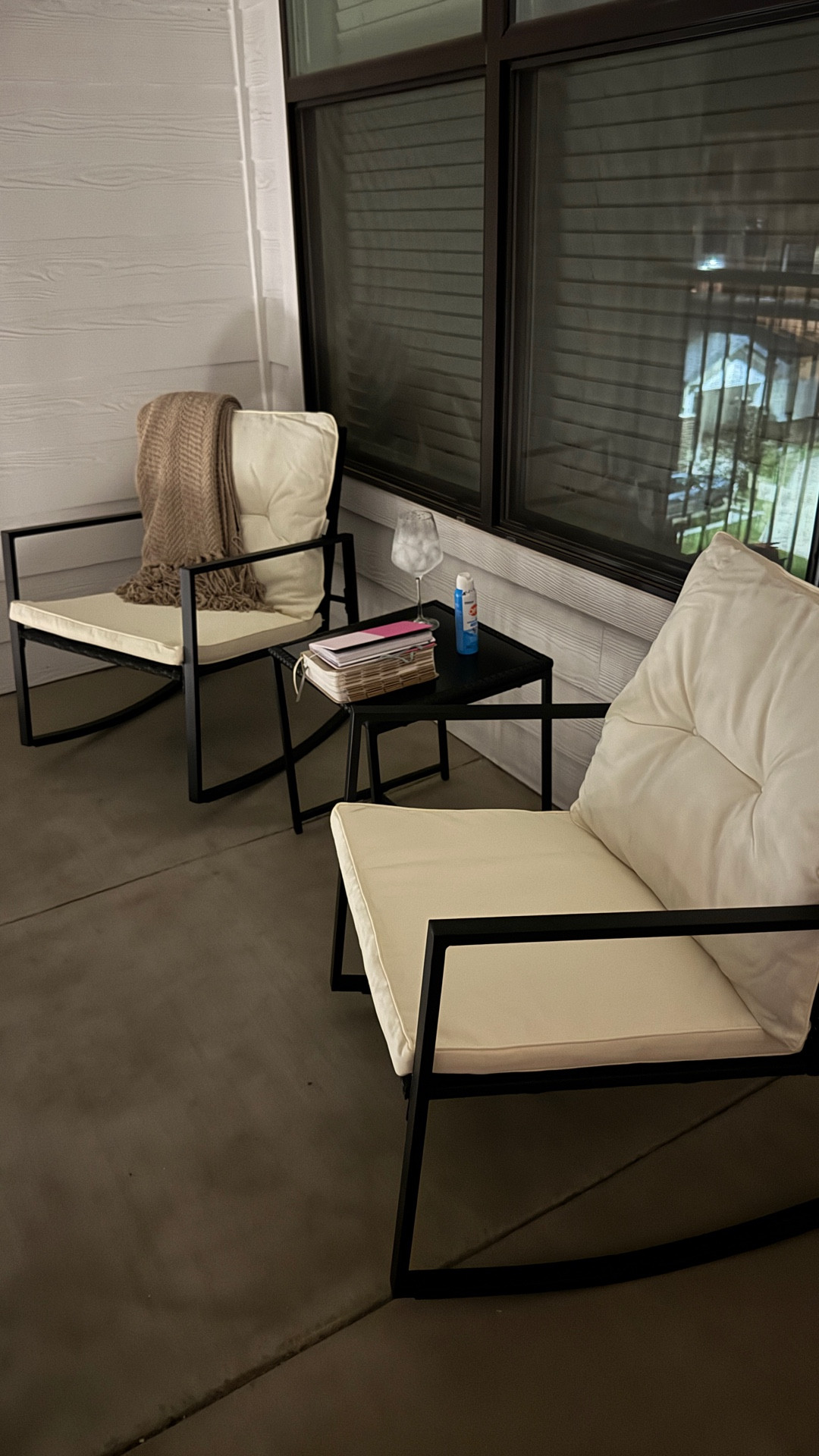 Ever since I’ve gotten this patio/balcony set from Amazon I’ve been on my balcony chilling! The sizing is perfect for a balcony or smaller patio, the cushions are soft and the added bonus of it being rocking chairs sealed the deal for me. The table top is made of tempered glass and can be turned either way for a black matte finish or black shiny finish. 
The neutral colors go well with any decor. Perfect to sit out on a cozy fall morning or night  

#LTKFamily #LTKGiftGuide #LTKHome