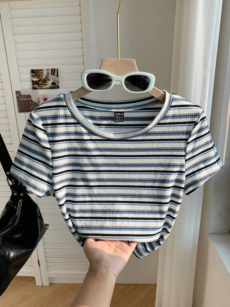 Comfortcana Women's Colorful Striped Knit Short Sleeve Slim Fit T-Shirt | SHEIN
