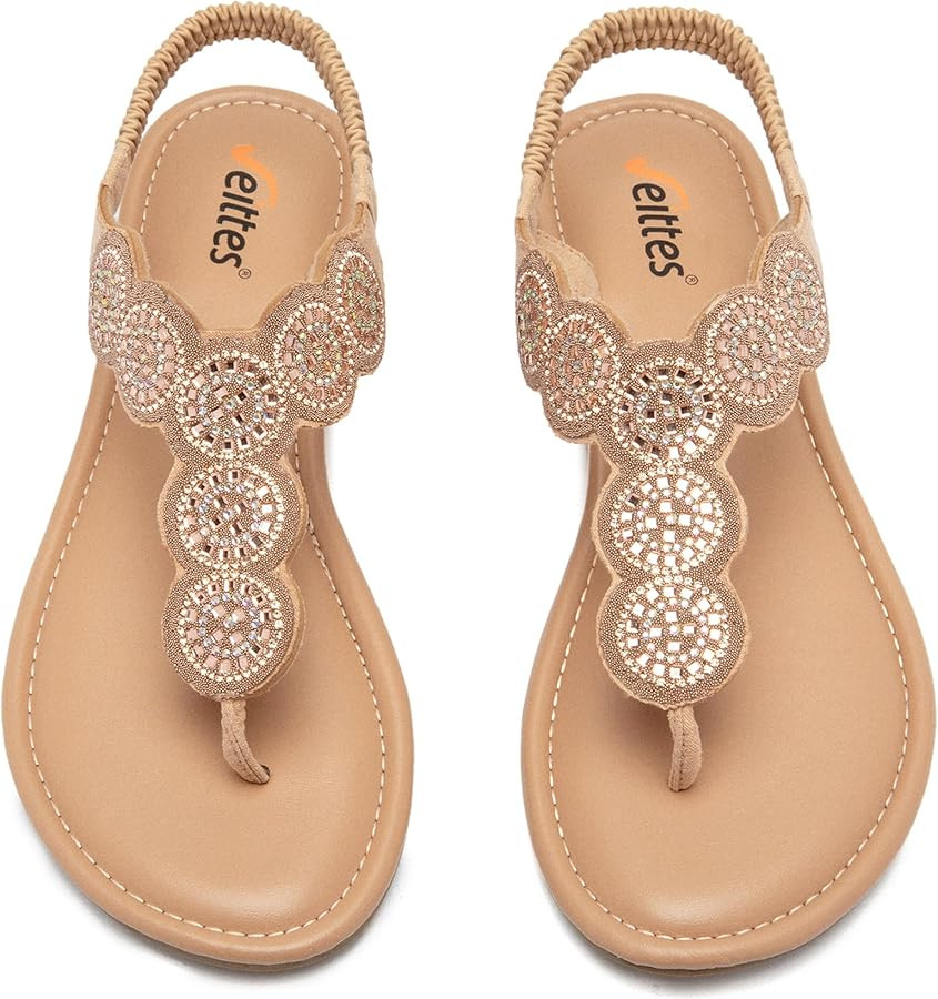 Veittes Women's Bohemian Bling Flat Slide Sandals - Casual Summer Thong Sandals with Rhinestone D... | Amazon (US)