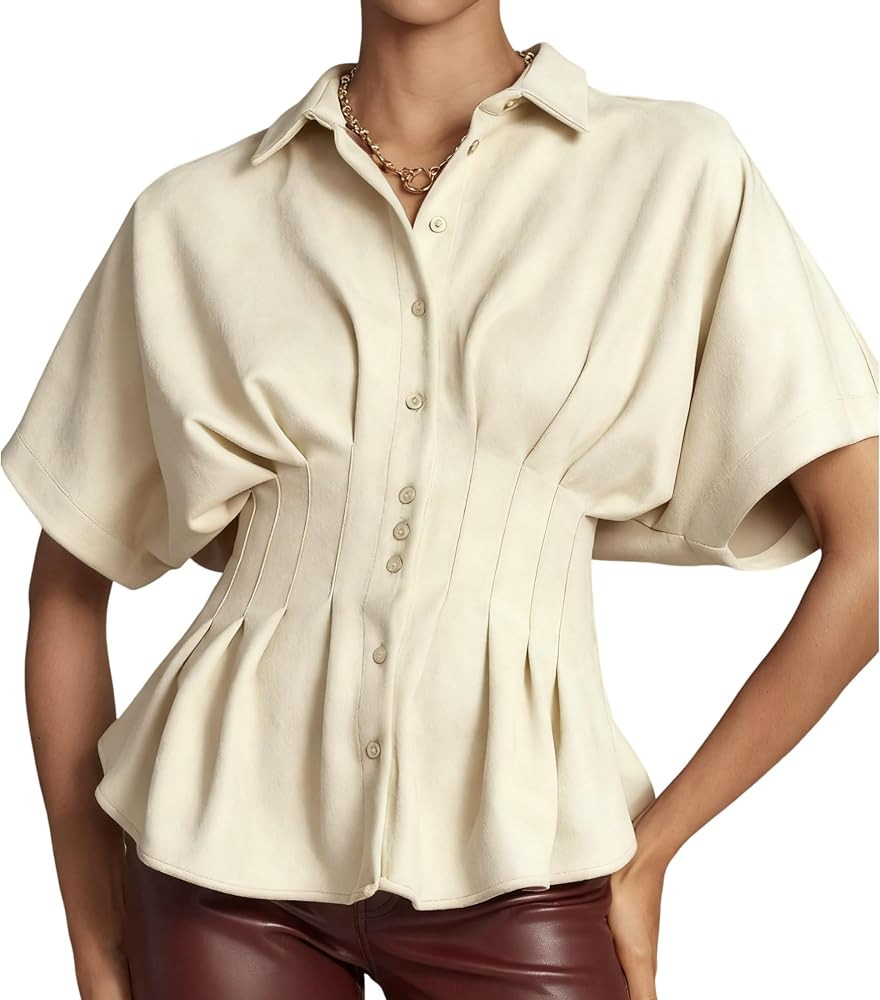 Women's Casual Faux Suede Shirt Button Down Peplum Tops Short Sleeves Flared Blouse | Amazon (US)